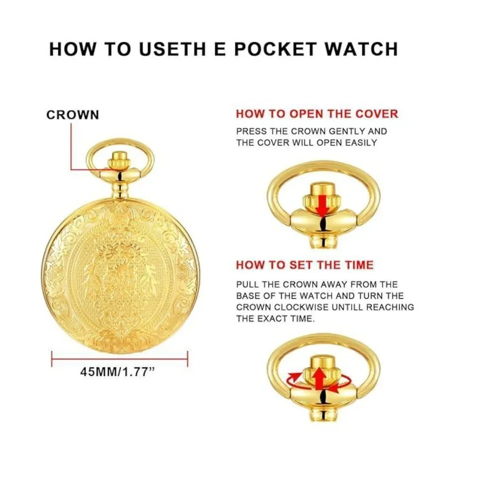 NWT Gold Roman Numeral Quartz Pocket Watch Vintage Classic Style Gift